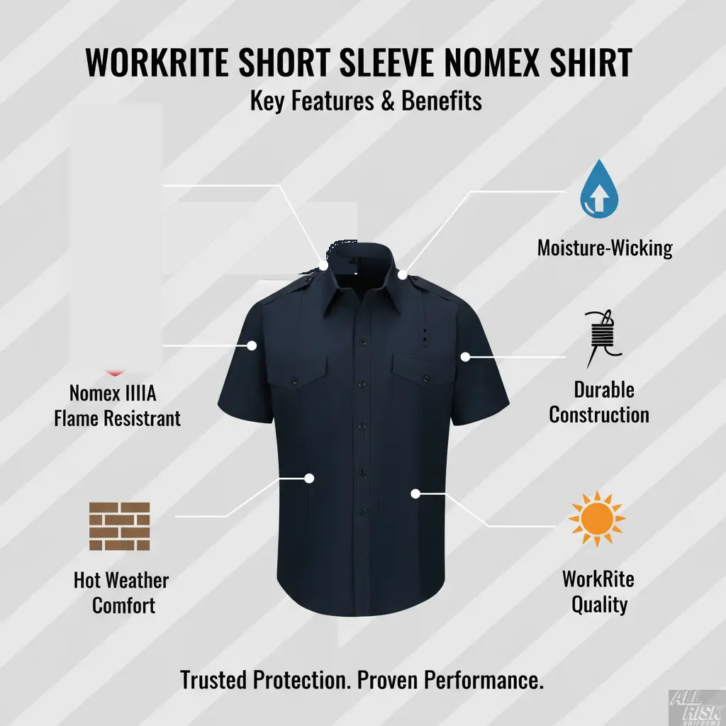 WorkRite short sleeve Nomex shirt features - CAL FIRE approved, Nomex IIIA, hot weather comfort