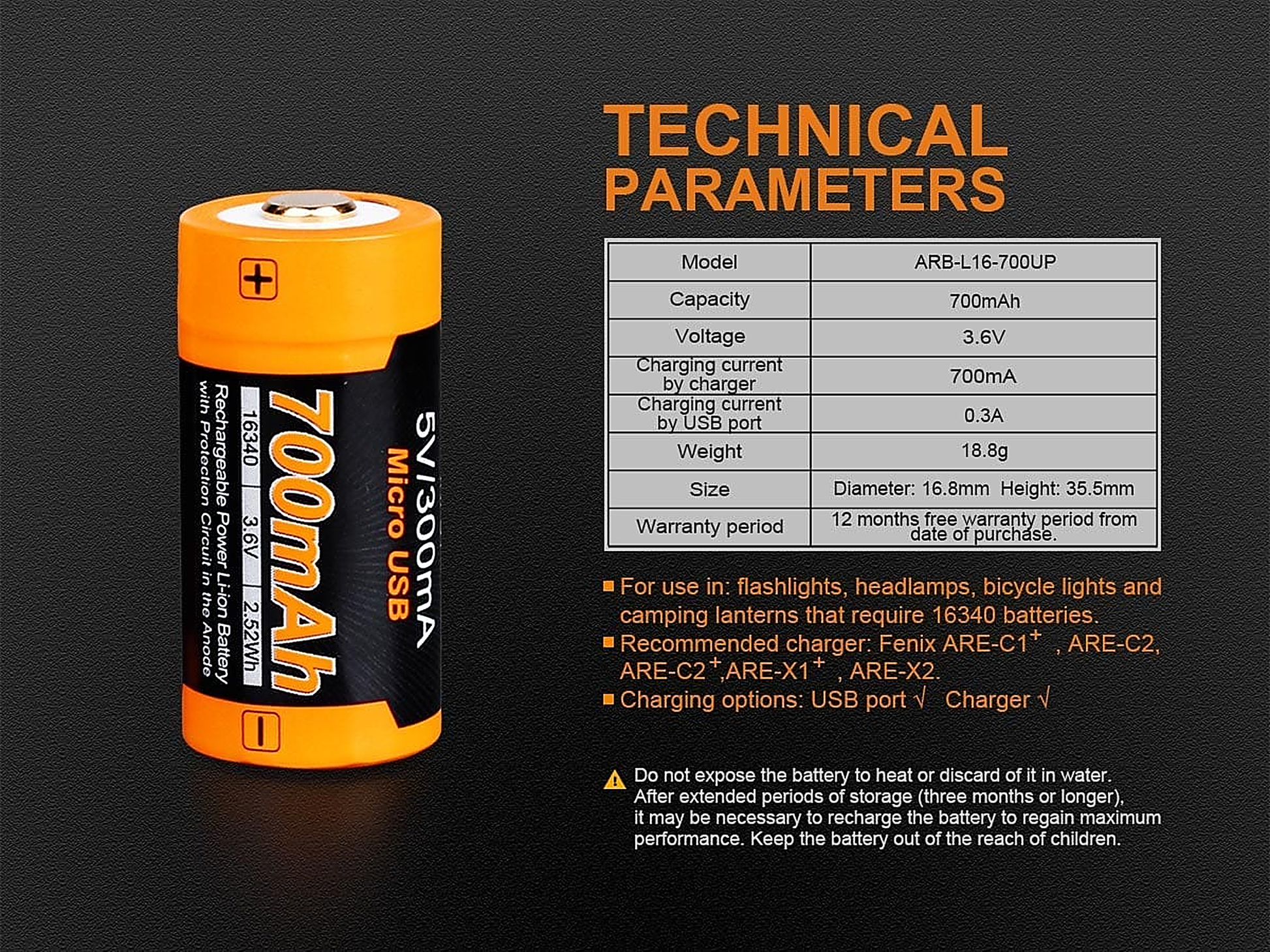 Fenix ARB-L16-700UP Built-in USB Rechargeable Battery
