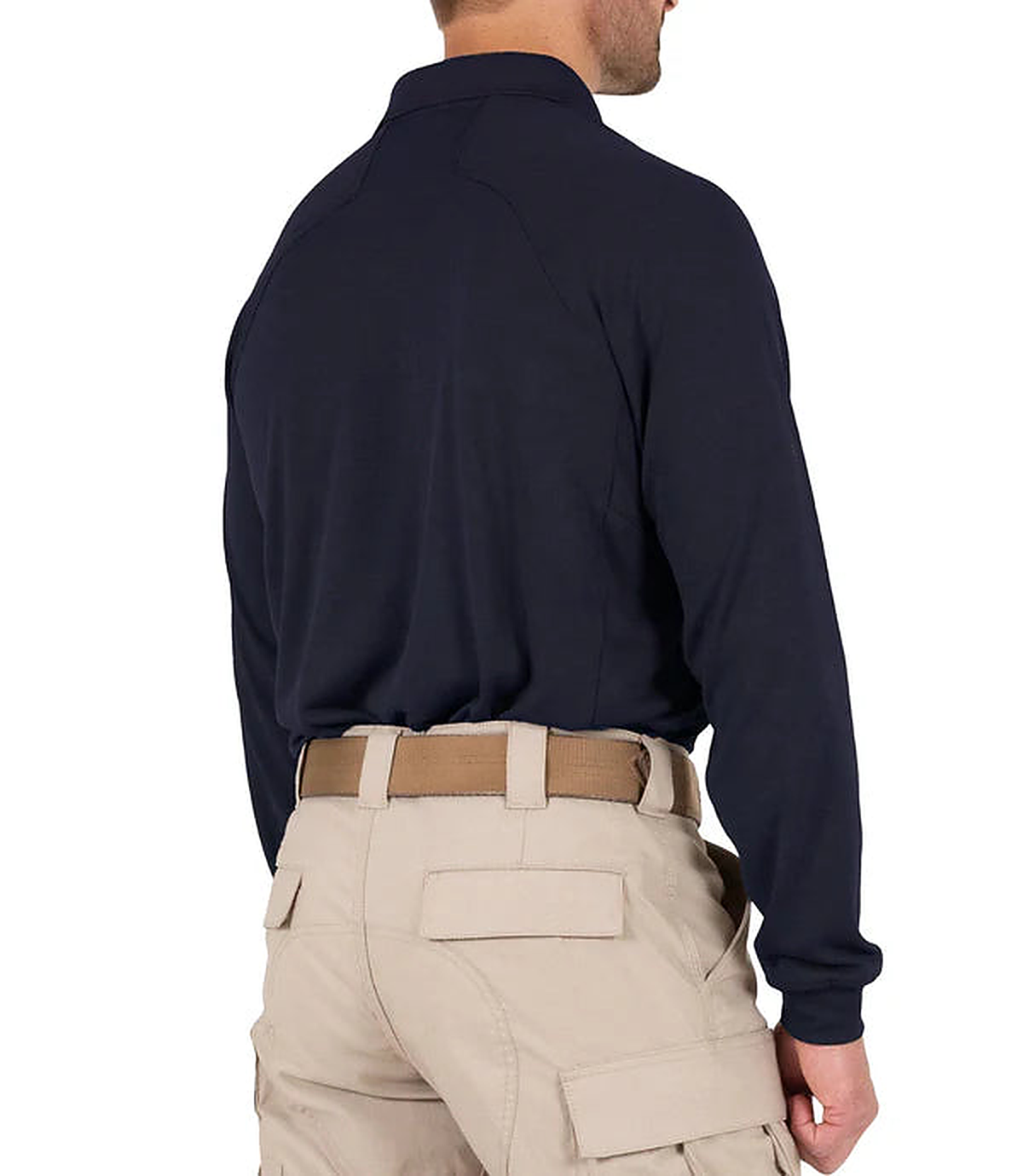 Model wearing the navy long-sleeve polo, back three-quarter view, paired with khaki tactical pants and a tan duty belt.
