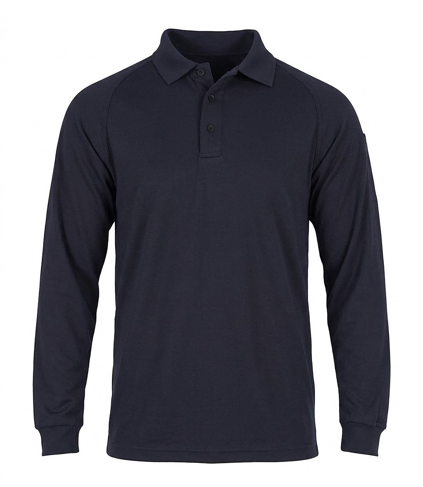 Blank navy First Tactical performance polo, plain front view showing the three-button placket and a small zip pocket on the left sleeve.
