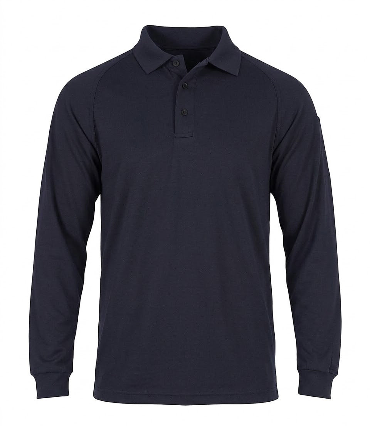 Blank navy First Tactical performance polo, plain front view showing the three-button placket and a small zip pocket on the left sleeve.