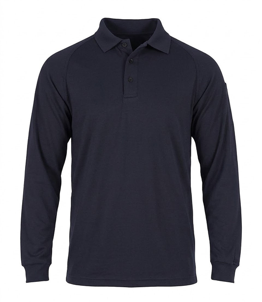 Blank navy First Tactical performance polo, plain front view showing the three-button placket and a small zip pocket on the left sleeve.