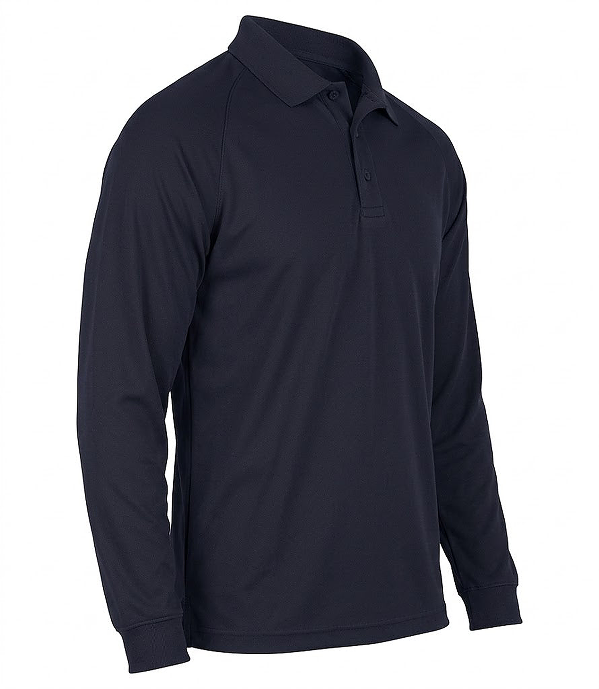 Three-quarter side view of the plain navy long-sleeve performance polo with no logo, highlighting the moisture-wicking knit fabric.