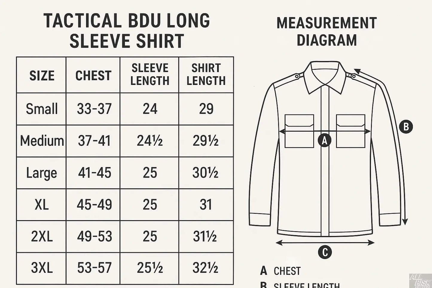 First Tactical BDU Long Sleeve Shirt Size Chart