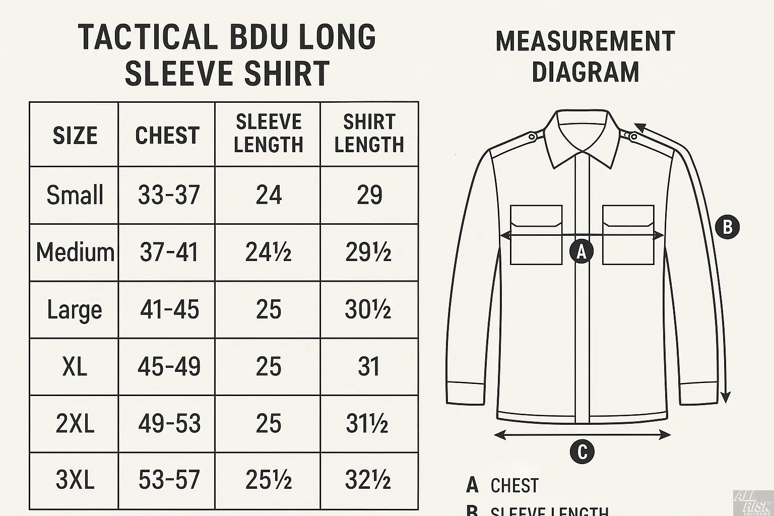 First Tactical BDU Long Sleeve Shirt Size Chart