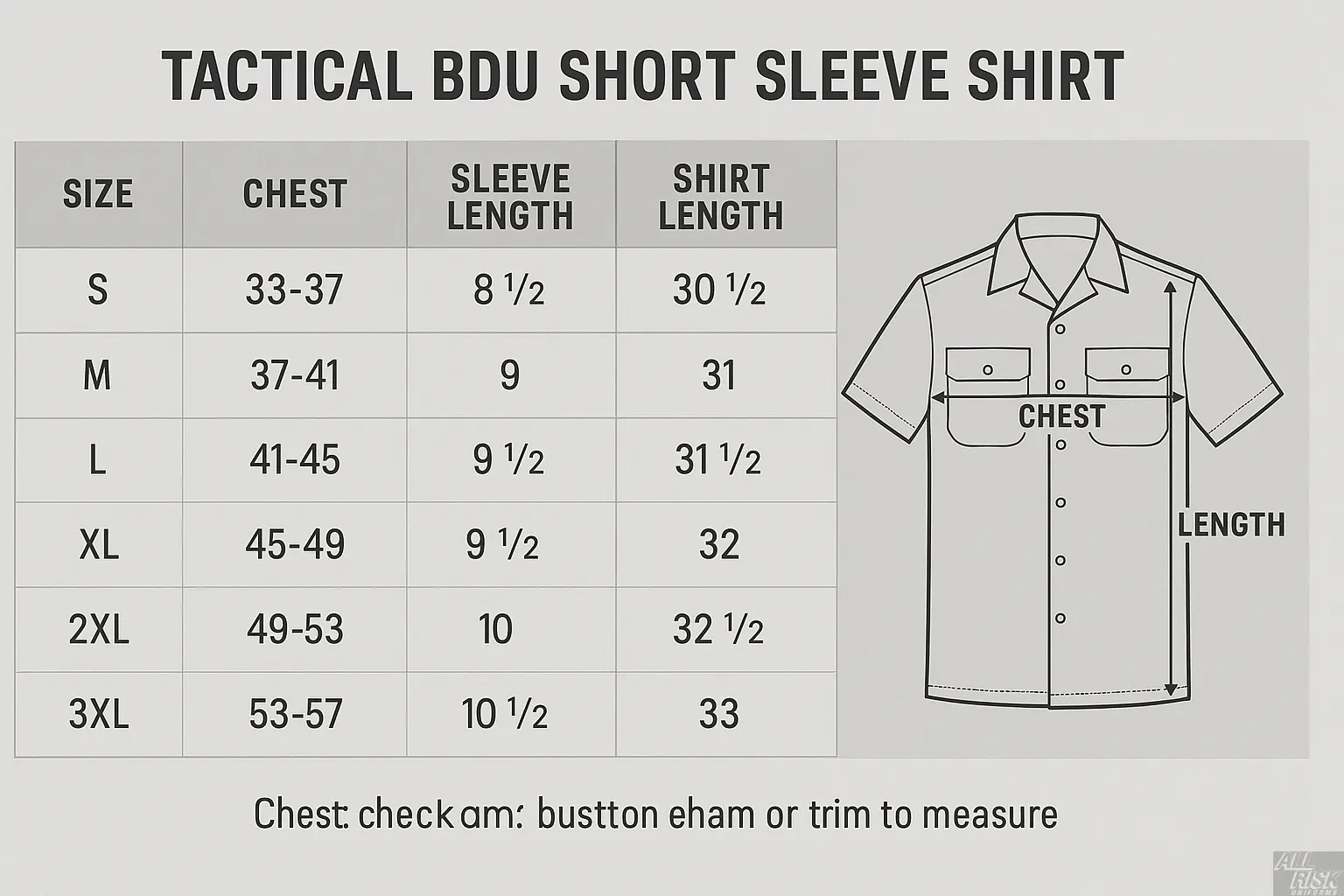 First Tactical BDU Short Sleeve Shirt Size Chart