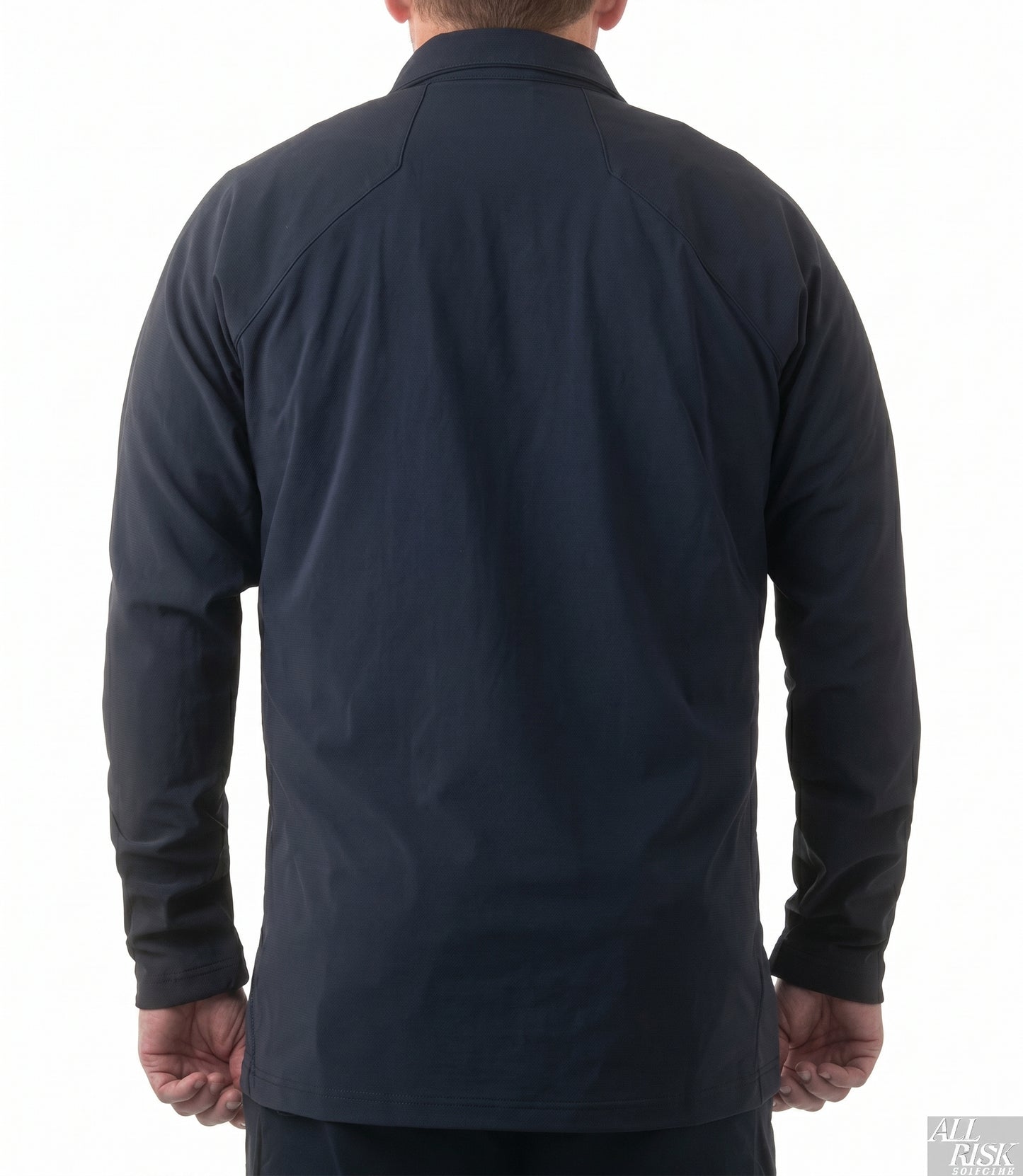 Black jacket worn by a person on a white background
