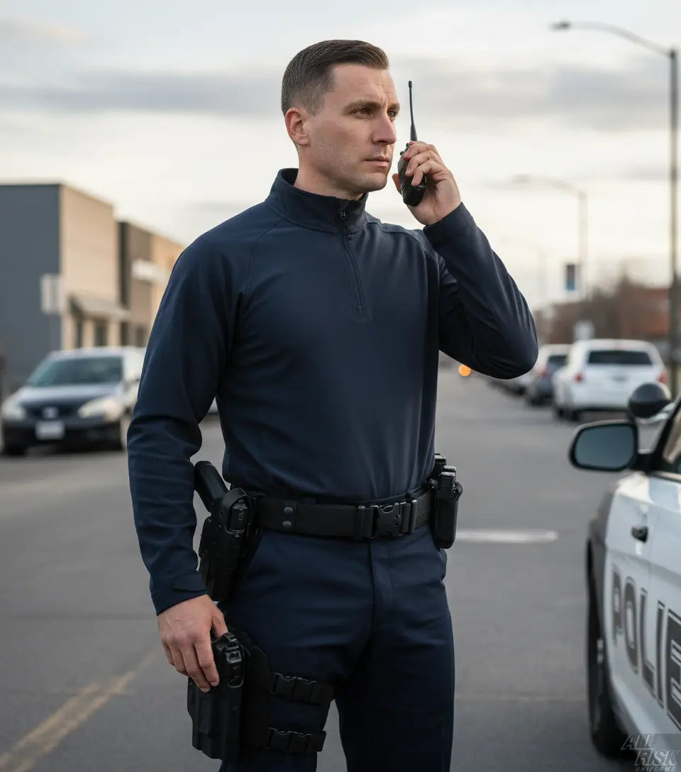 Law Enforcement Officer Wearing Midnight Navy Tactical Pullover