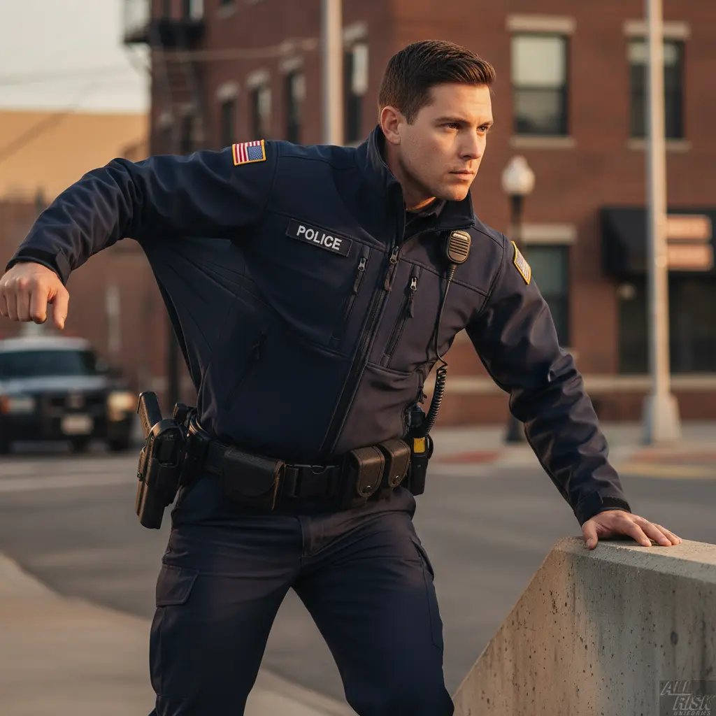 First responder wearing First Tactical Tactix Softshell Jacket during active duty showing stretch and mobility