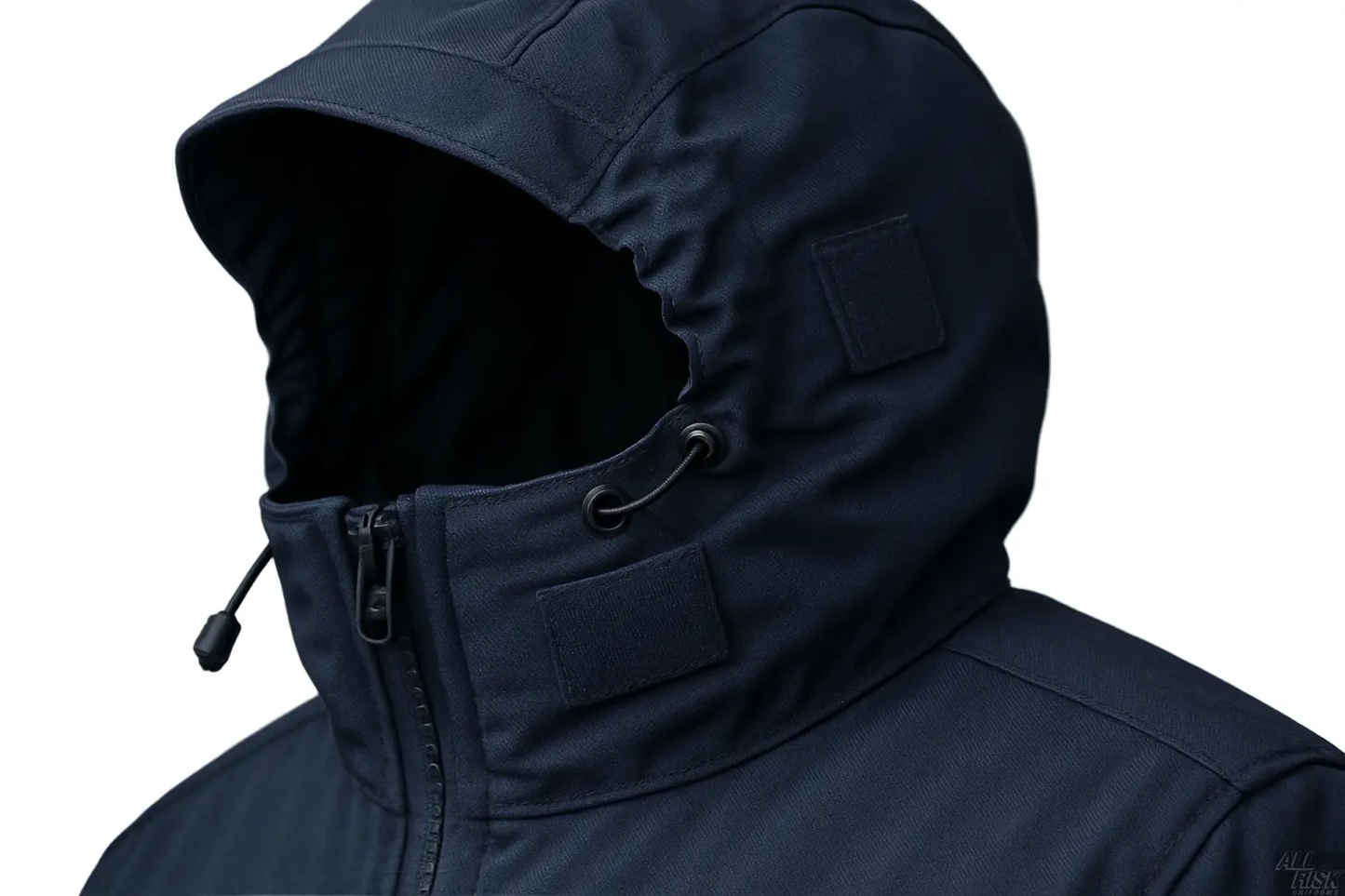 Midnight navy tactical jacket hood and collar close-up