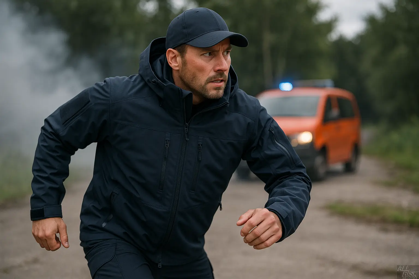 Tactical professional wearing midnight navy system jacket during emergency response