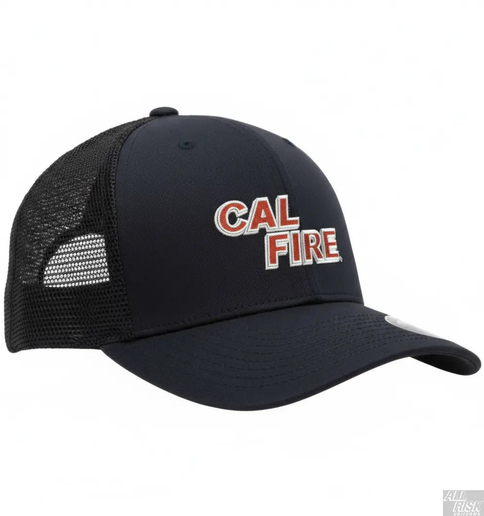 Flexfit 6511 Trucker Hat in midnight navy with red CAL FIRE text - side angle view displaying structured front and mesh back construction with Flexfit technology