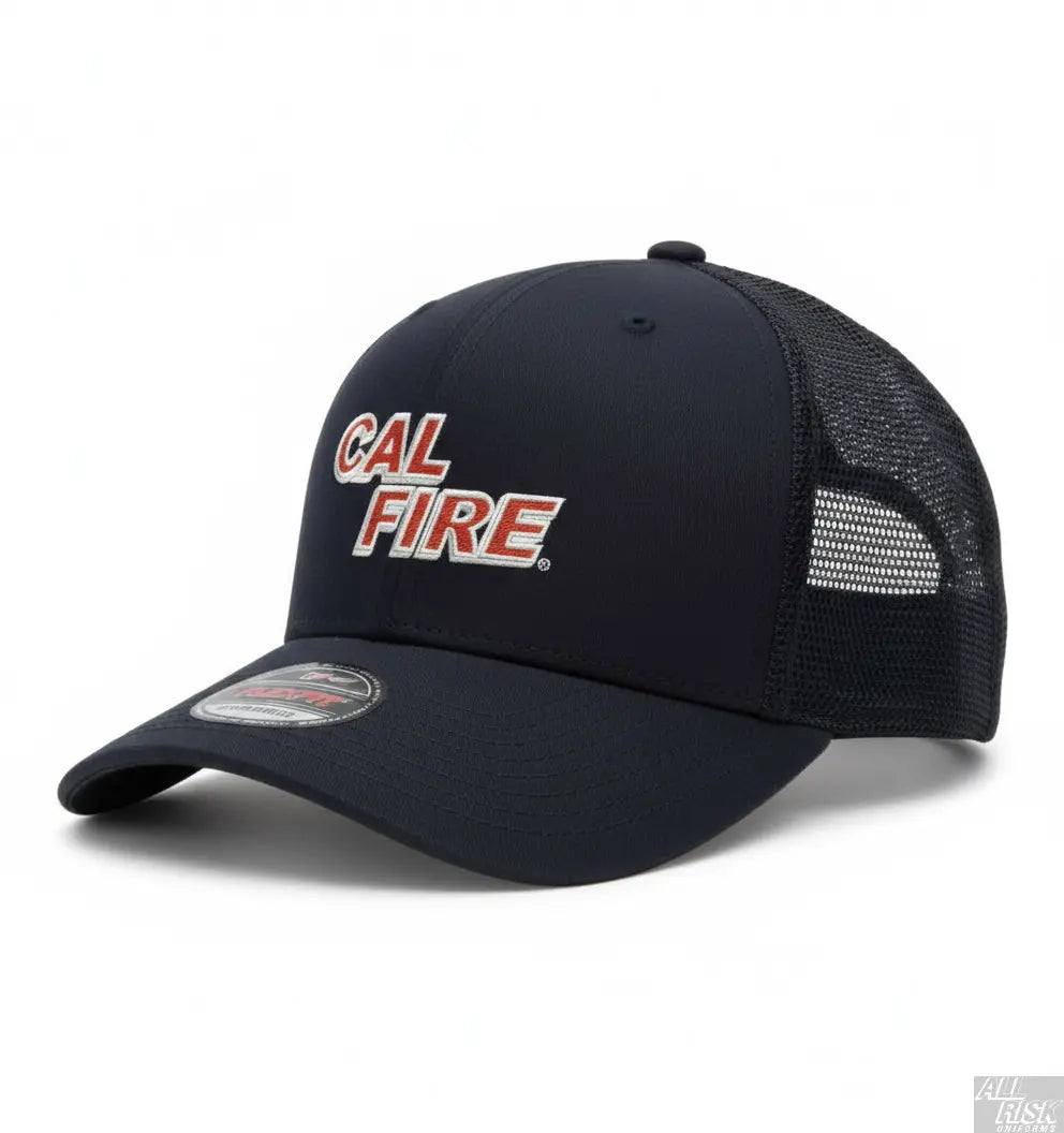 Flexfit 6511 Trucker Hat in midnight navy with red CAL FIRE text embroidery - front view showing structured front panels and breathable mesh back