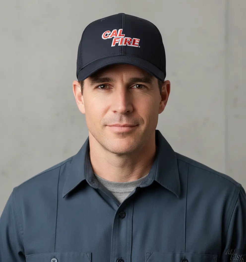 Person wearing Flexfit 6511 Trucker Hat in midnight navy with red CAL FIRE text showing comfortable fit and professional appearance