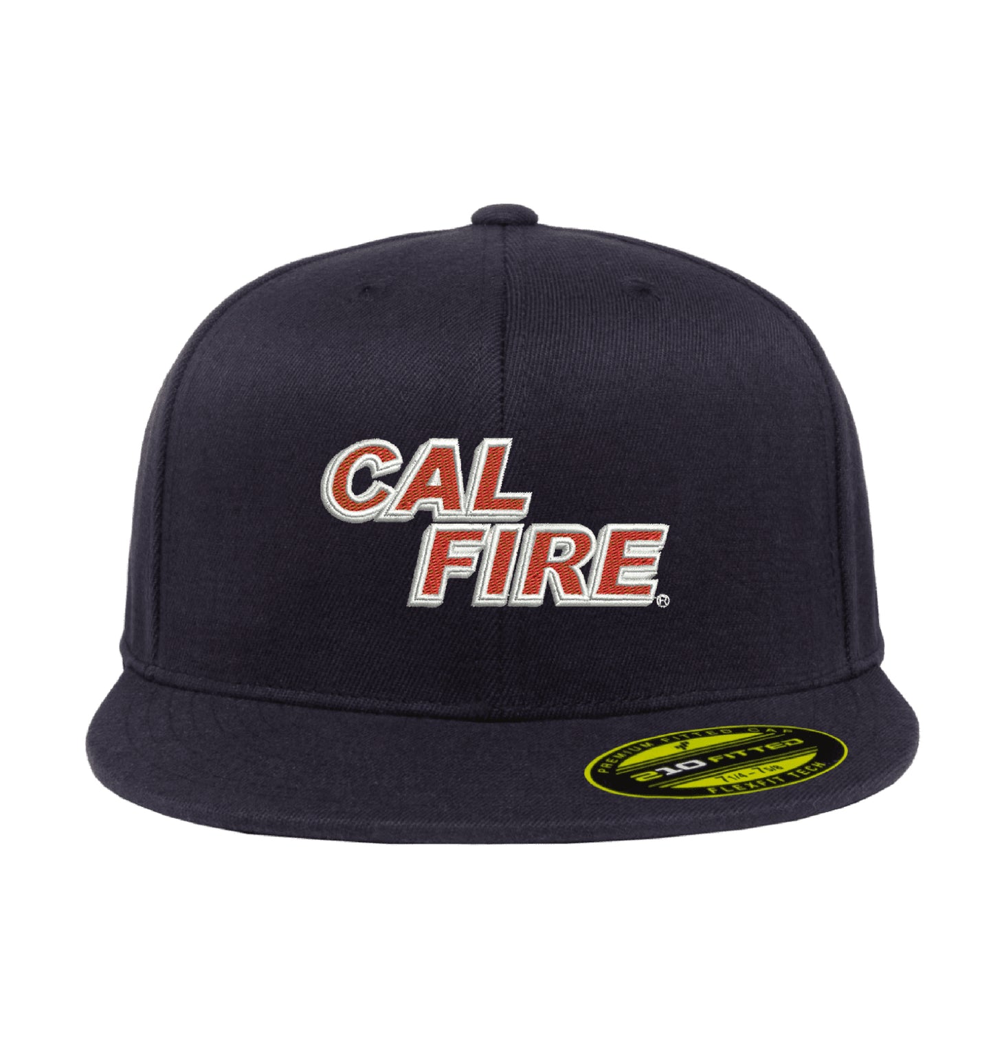 Midnight navy Flexfit 210 Flat Bill Fitted Hat, front view with the red and white CAL FIRE wordmark embroidered across the front panel.