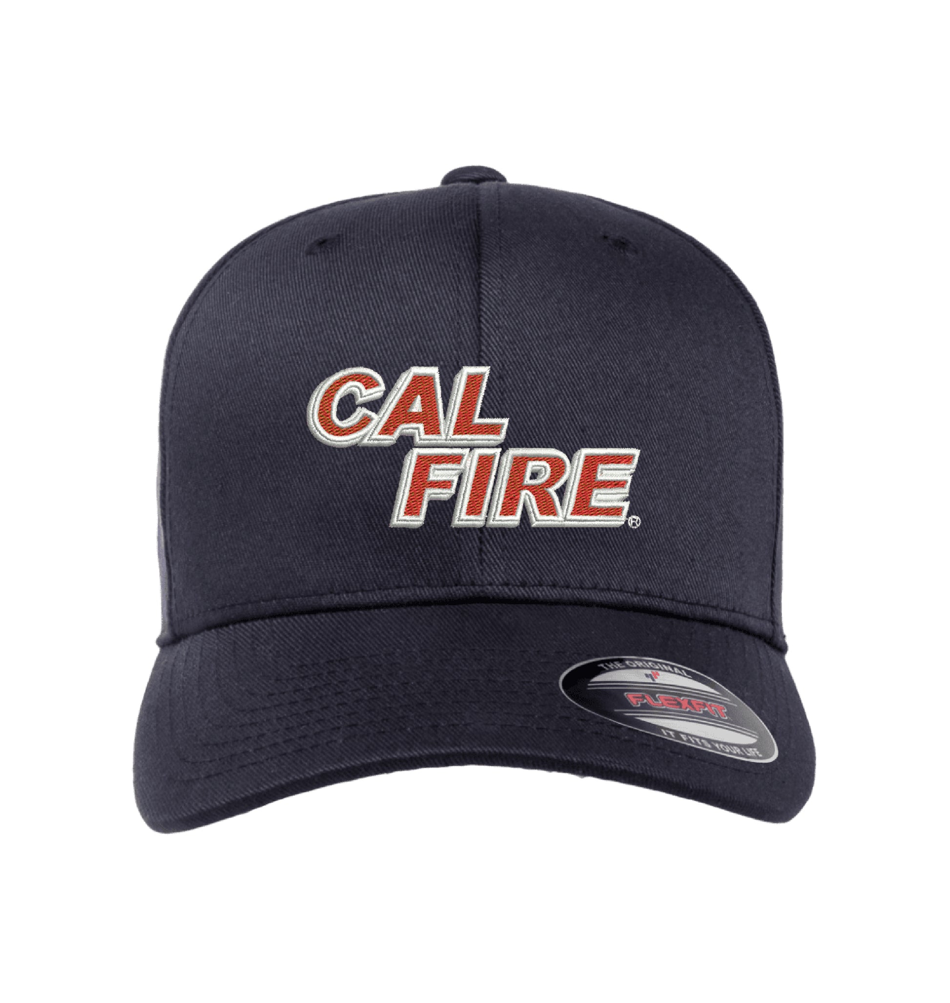Midnight navy Flexfit 6277 Stretch-Fit Hat, front view with the red and white CAL FIRE wordmark embroidered across the front panel.