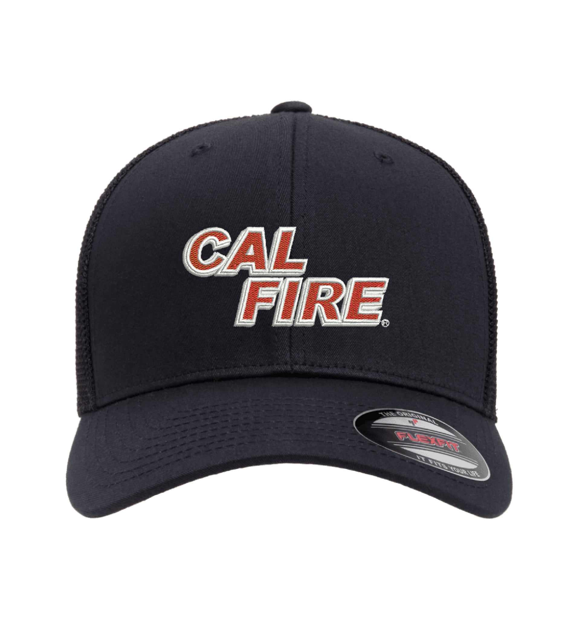 Midnight navy Flexfit 6511 Mesh-Back Hat, front view with the red and white CAL FIRE wordmark embroidered across the front panel.