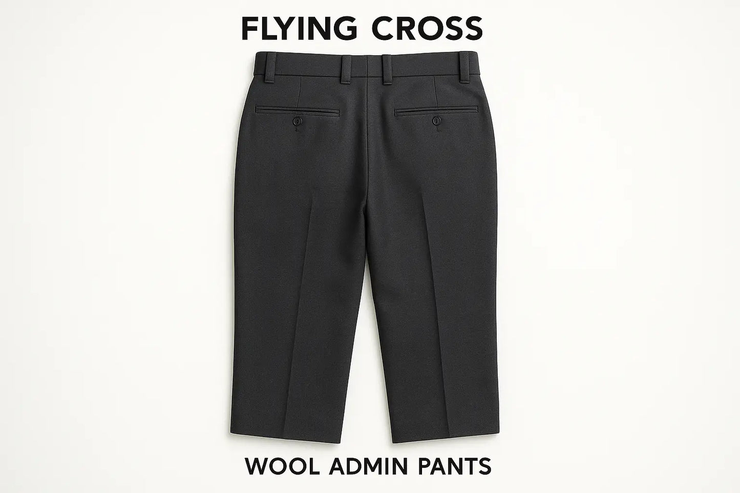 Flying Cross Wool Admin Pants back view showing reinforced back pockets with triangle bartack stitching and premium wool construction