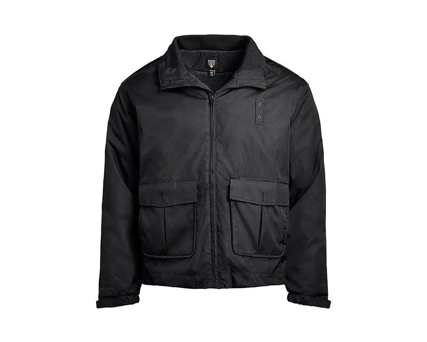 Flying Cross 2-in-1 duty jacket in black — alternate-color view of the same model with full zip front, twin lower bellows pockets, elastic ribbed cuffs and waistband, Flying Cross logo at neck.