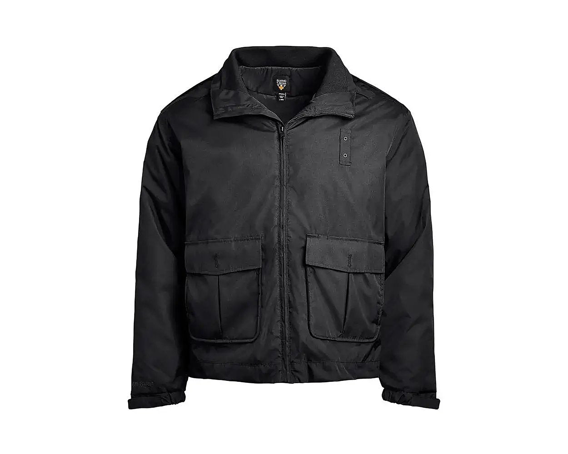Flying Cross 2-in-1 duty jacket in black — alternate-color view of the same model with full zip front, twin lower bellows pockets, elastic ribbed cuffs and waistband, Flying Cross logo at neck.