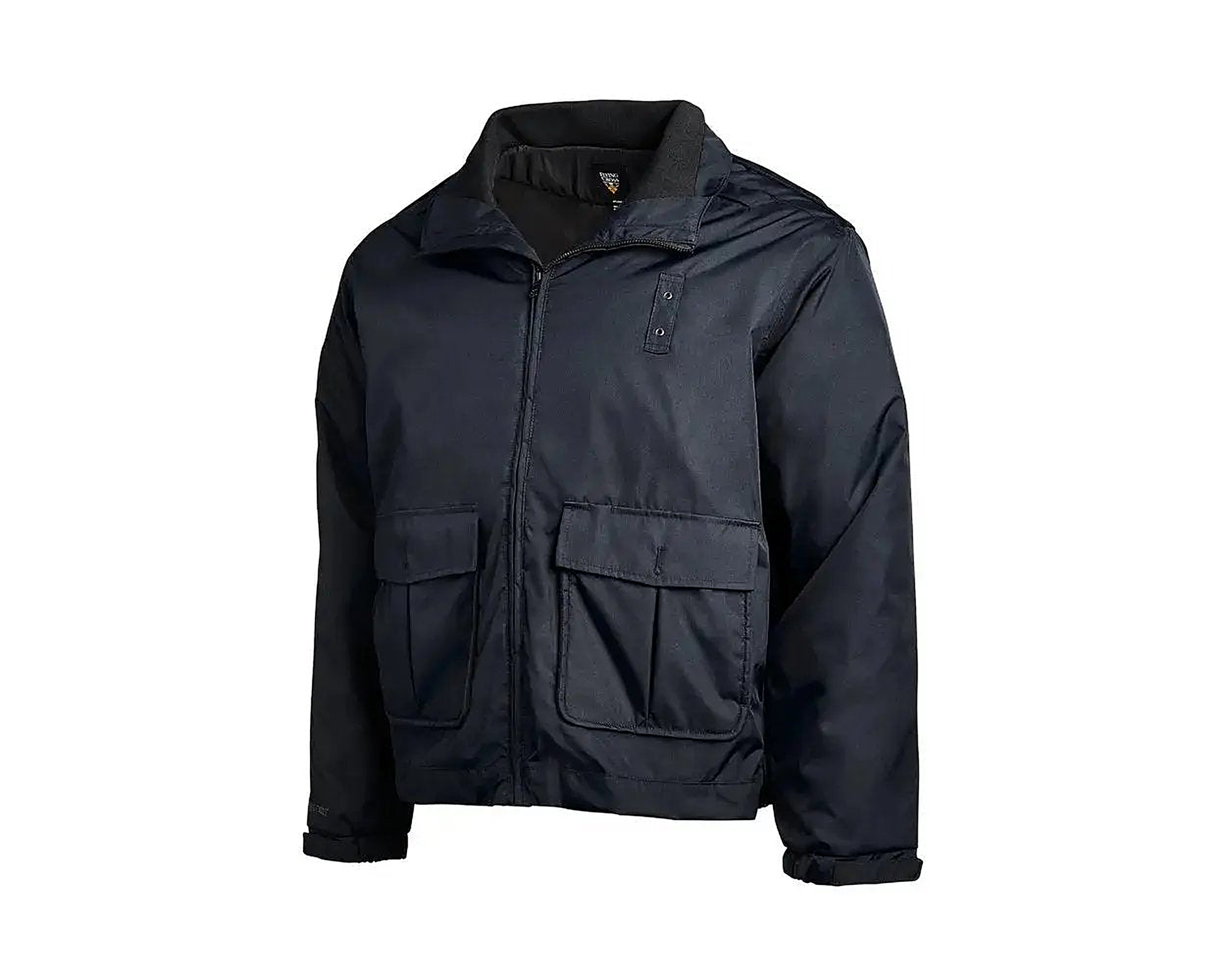 Flying Cross 2-in-1 duty jacket alternate three-quarter view — midnight navy nylon outer with the inner liner zipped in, showing the high collar with throat tab, full zip front, twin chest pockets, and rolled cuffs.