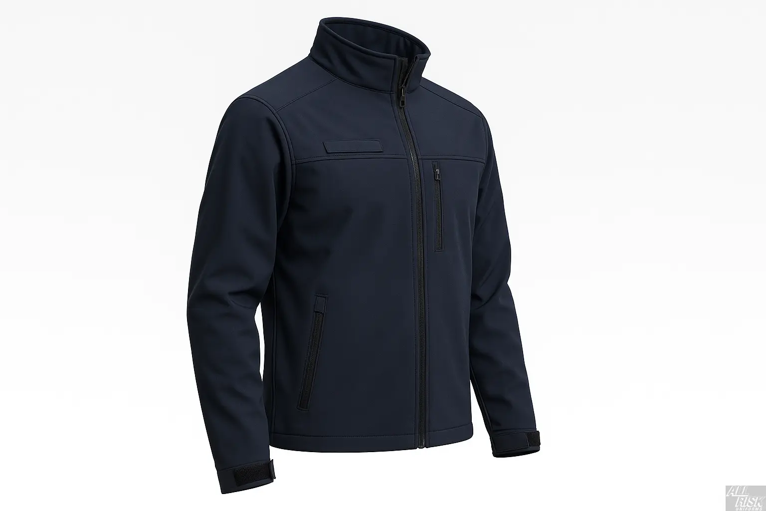 Flying Cross DutyGuard Softshell Jacket in midnight navy side angle view displaying professional fit, pocket placement, and weather-resistant softshell construction for superior mobility
