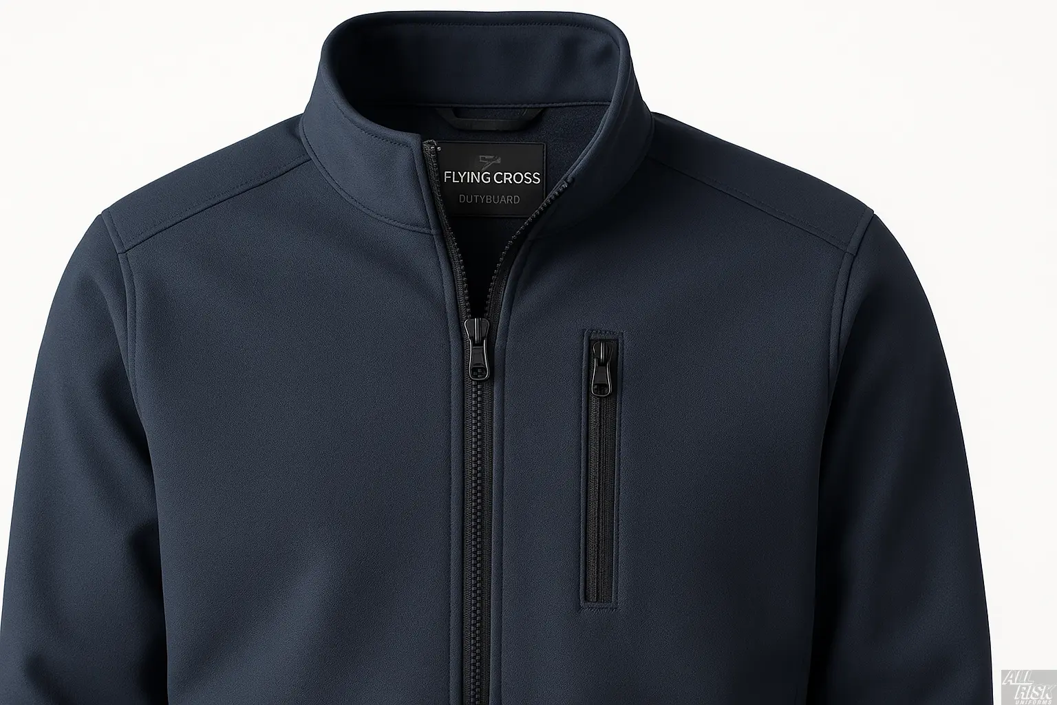 Close-up detail of Flying Cross DutyGuard Softshell Jacket in midnight navy showing full-zip closure, chest pocket, and weather-resistant breathable softshell fabric texture