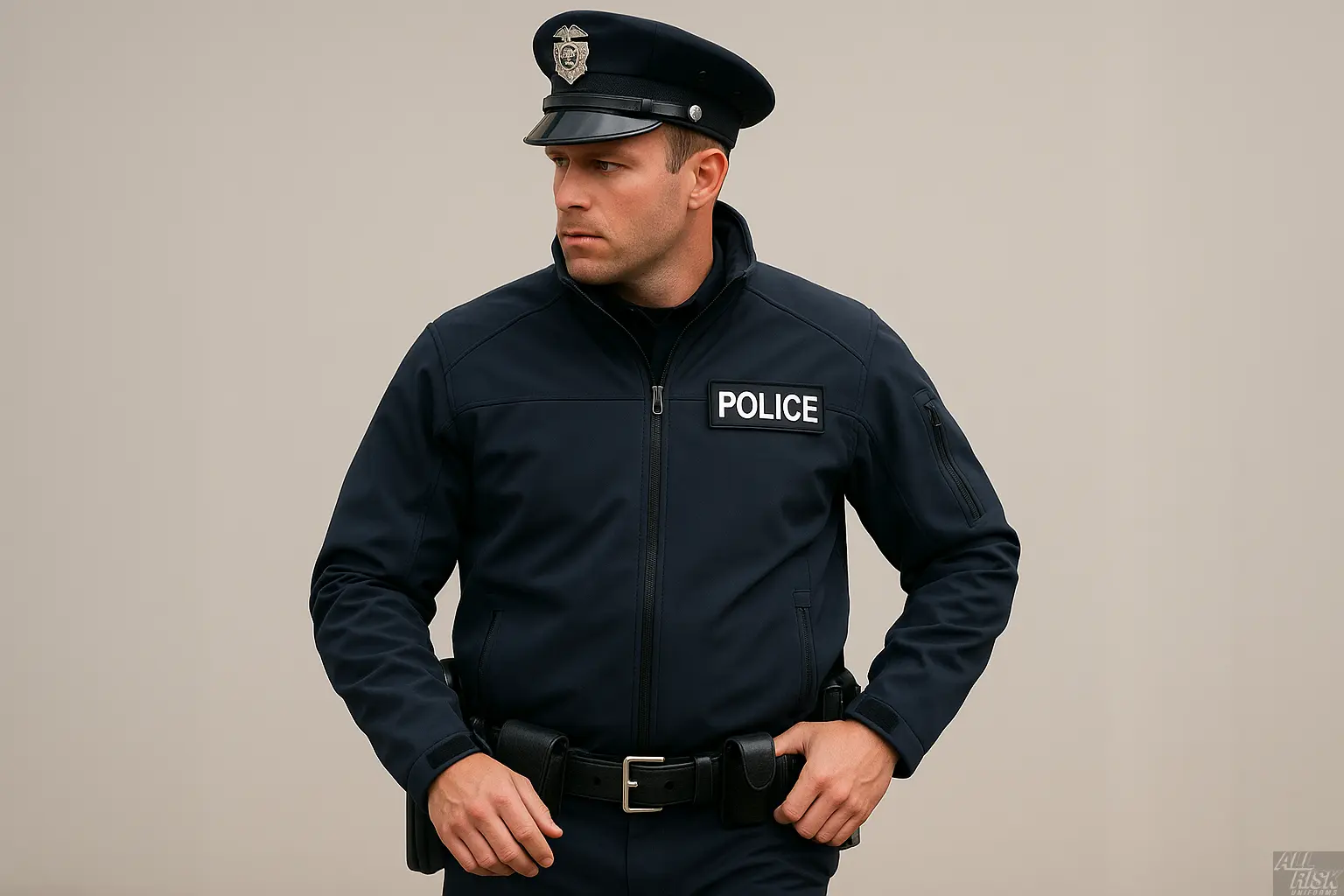 Police officer wearing Flying Cross DutyGuard Softshell Jacket in midnight navy during patrol showing superior mobility, professional fit, and weather-resistant protection