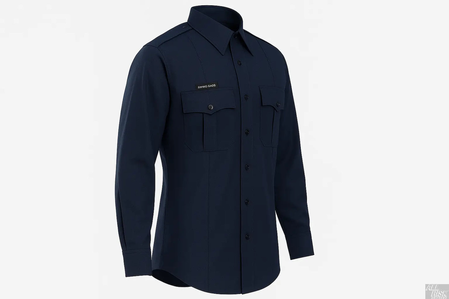 Flying Cross Long Sleeve Wool Shirt in midnight navy side angle view displaying professional drape, full sleeve length, and premium wool tropical weave construction