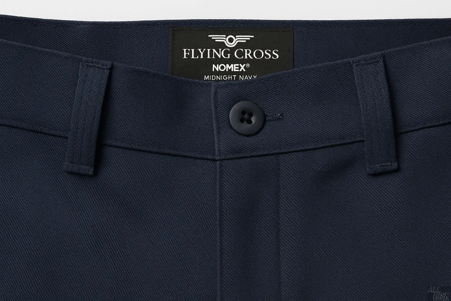 Close-up detail of Flying Cross Nomex Admin Pants in midnight navy waistband showing belt loops, professional construction, and fire-resistant Nomex fabric texture