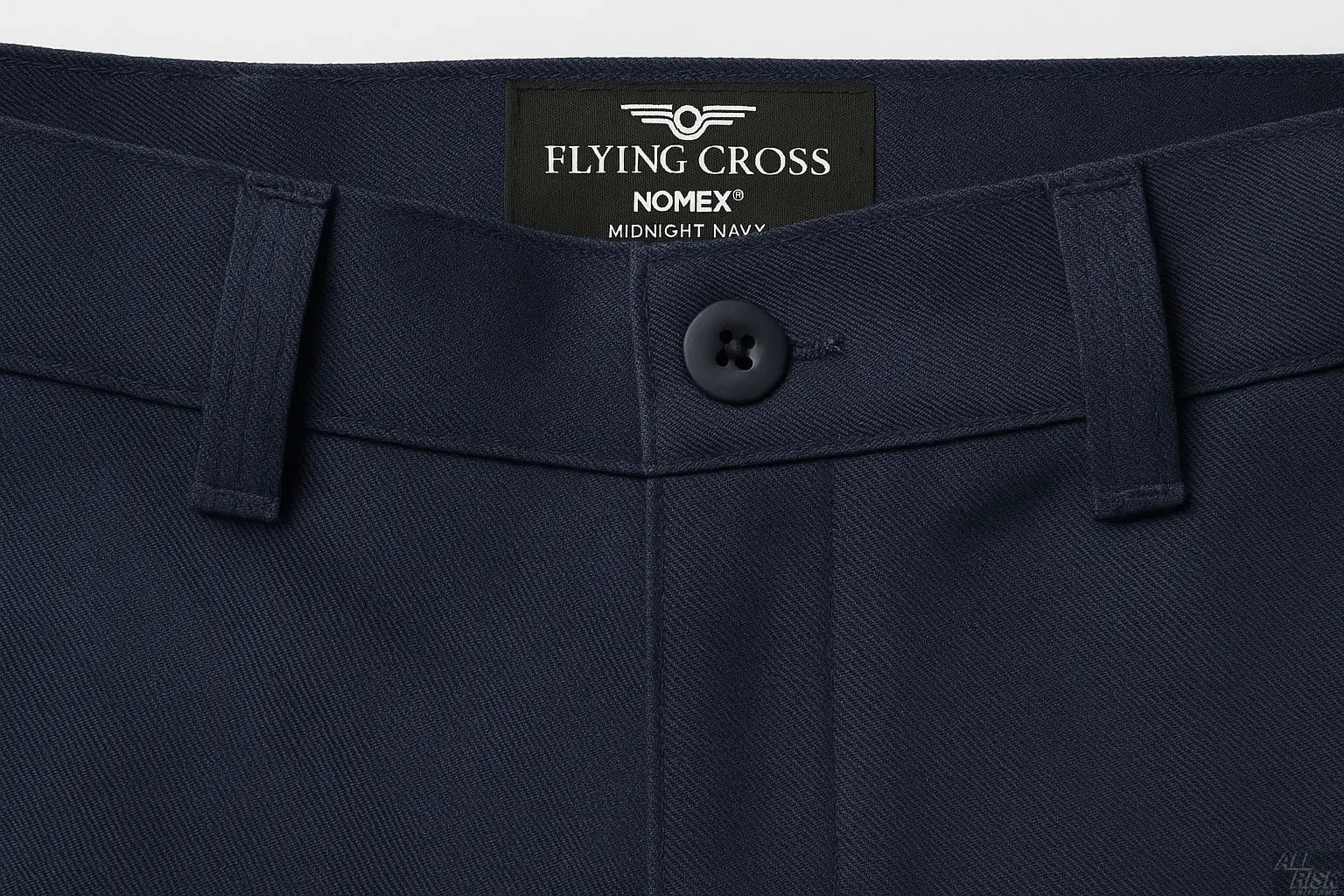 Close-up detail of Flying Cross Nomex Admin Pants in midnight navy waistband showing belt loops, professional construction, and fire-resistant Nomex fabric texture
