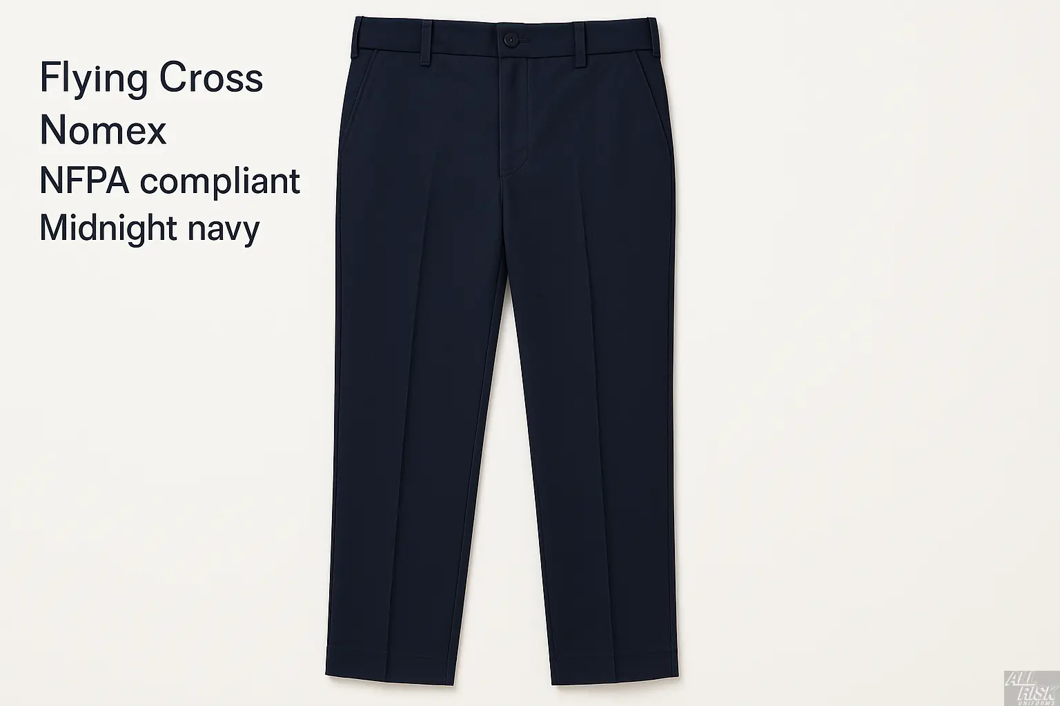 Flying Cross Nomex Admin Pants in midnight navy - front view showing NFPA compliant fire-resistant construction, professional tailoring, belt loops, and clean administrative styling