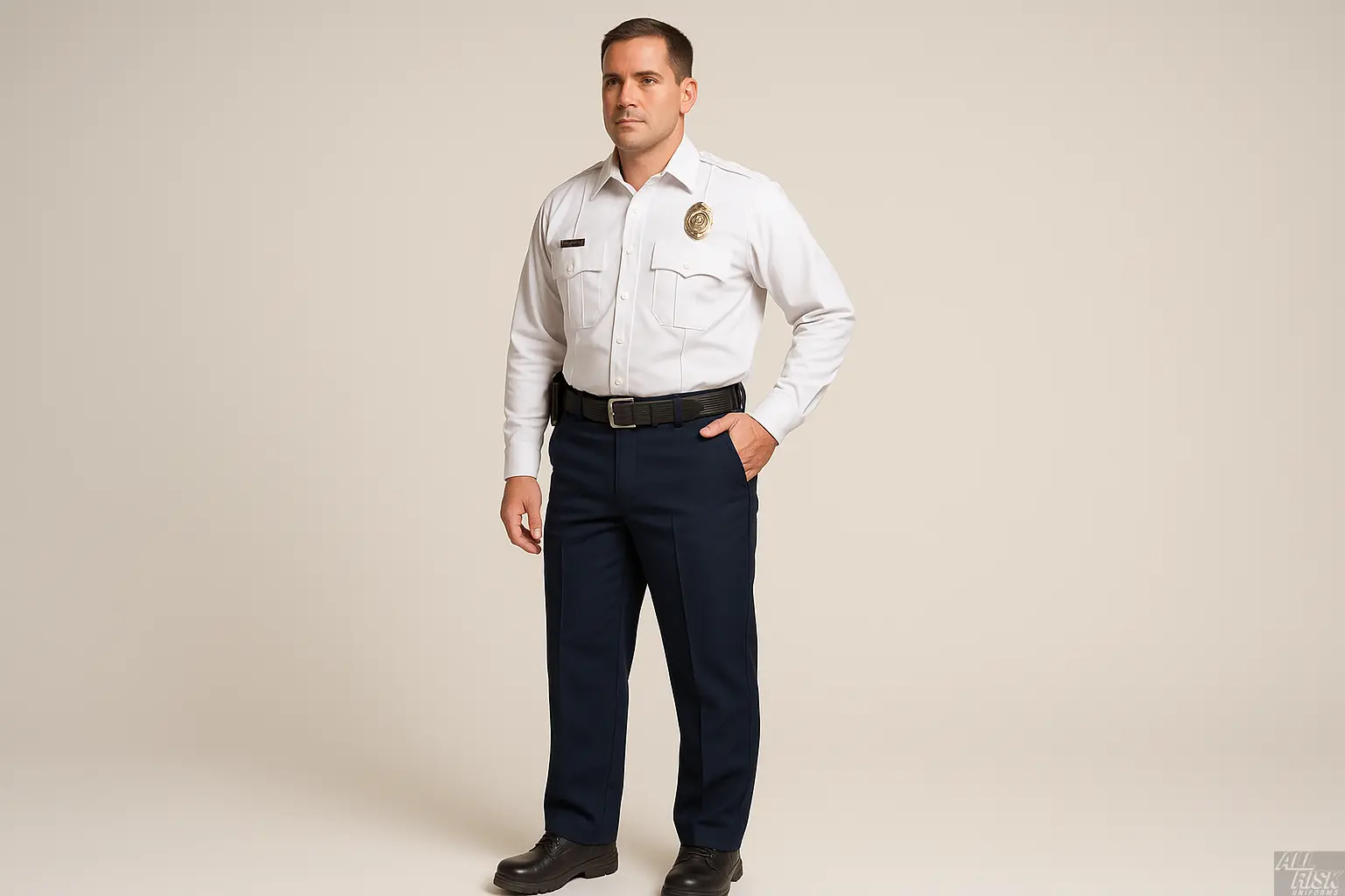Fire department officer wearing Flying Cross Nomex Admin Pants in midnight navy with duty belt showing professional fit and NFPA compliant fire-resistant protection