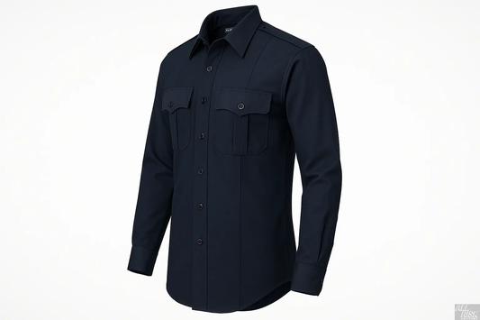 Flying Cross Nomex Long Sleeve Shirt in midnight navy side angle view displaying professional tailoring, full sleeve length, and fire-resistant Aramid fiber fabric construction