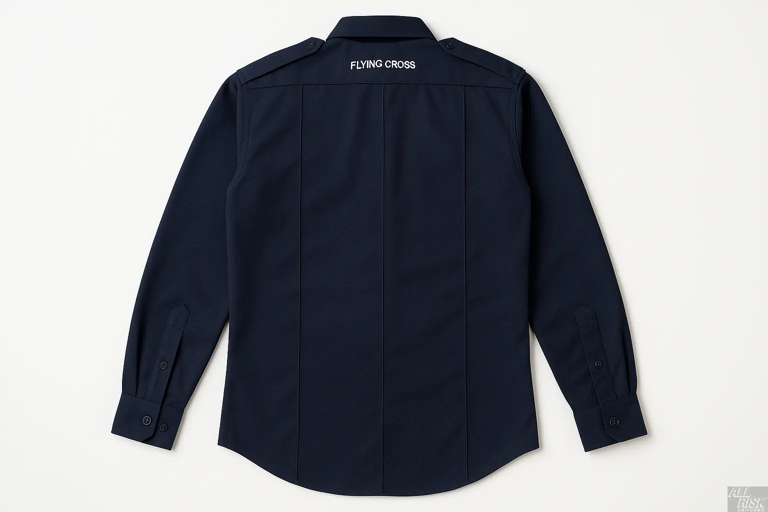 Flying Cross Nomex Long Sleeve Shirt in midnight navy back view showing cross-stitched shoulder straps, five sewn-in military creases, and full sleeve construction