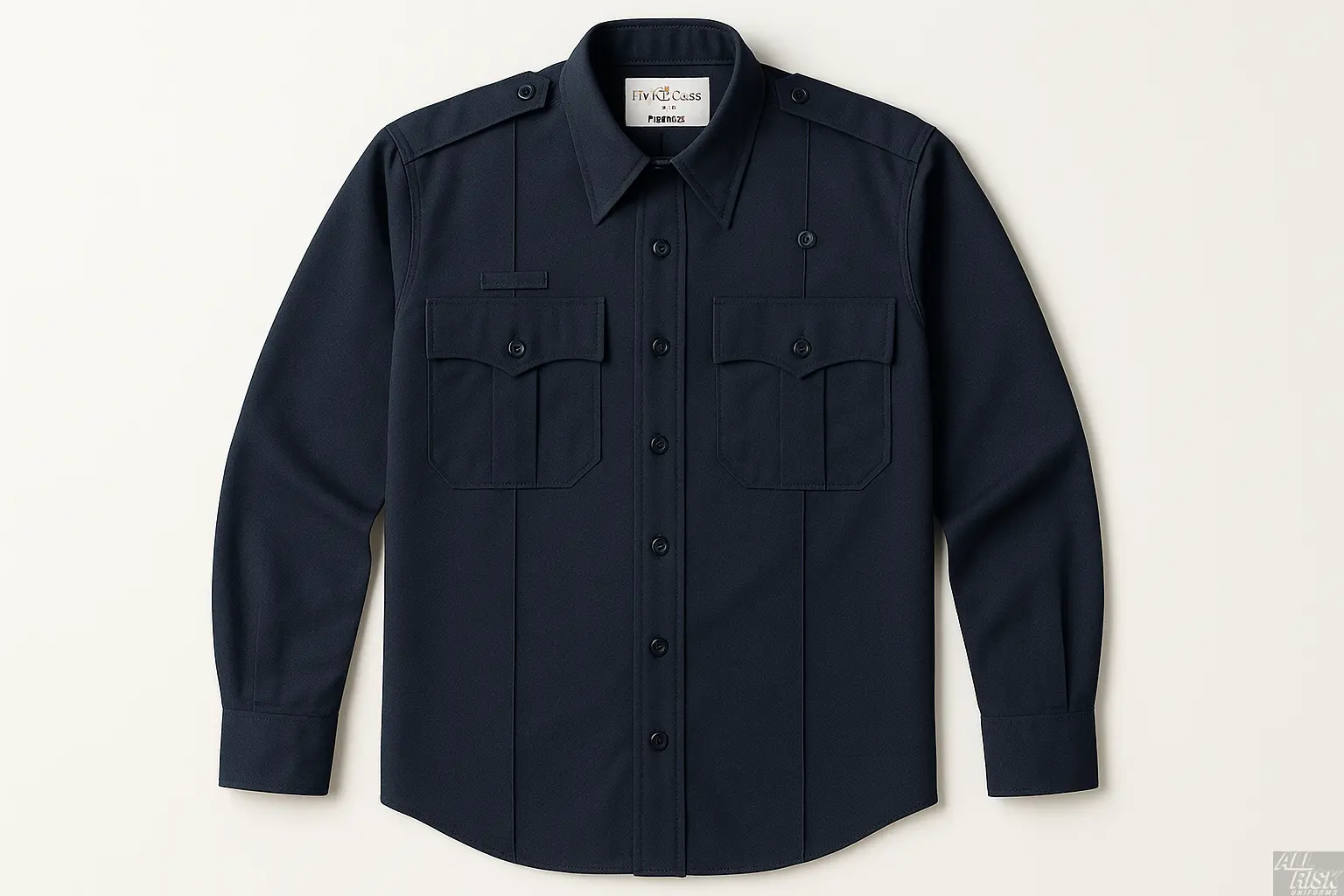 Flying Cross Nomex Long Sleeve Shirt in midnight navy - front view showing fire-resistant construction, badge tabs, chest pockets with pointed flaps, seven-button placket, shoulder straps, and full sleeves