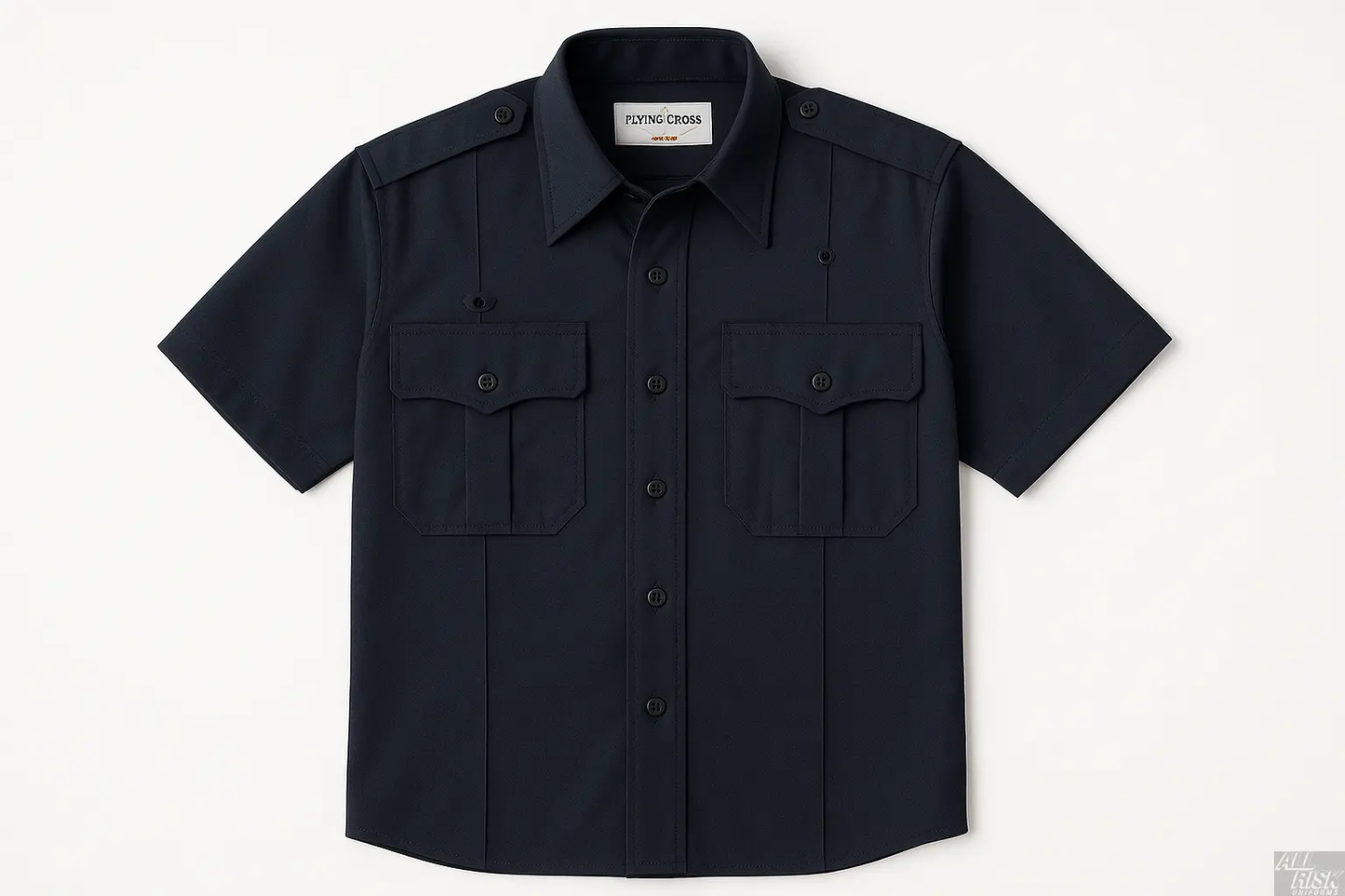 Flying Cross Nomex Short Sleeve Shirt in midnight navy - front view showing fire-resistant construction, badge tabs, chest pockets with pointed flaps, seven-button placket, and shoulder straps