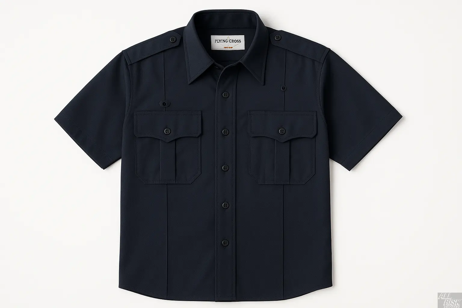 Flying Cross Nomex Short Sleeve Shirt in midnight navy - front view showing fire-resistant construction, badge tabs, chest pockets with pointed flaps, seven-button placket, and shoulder straps