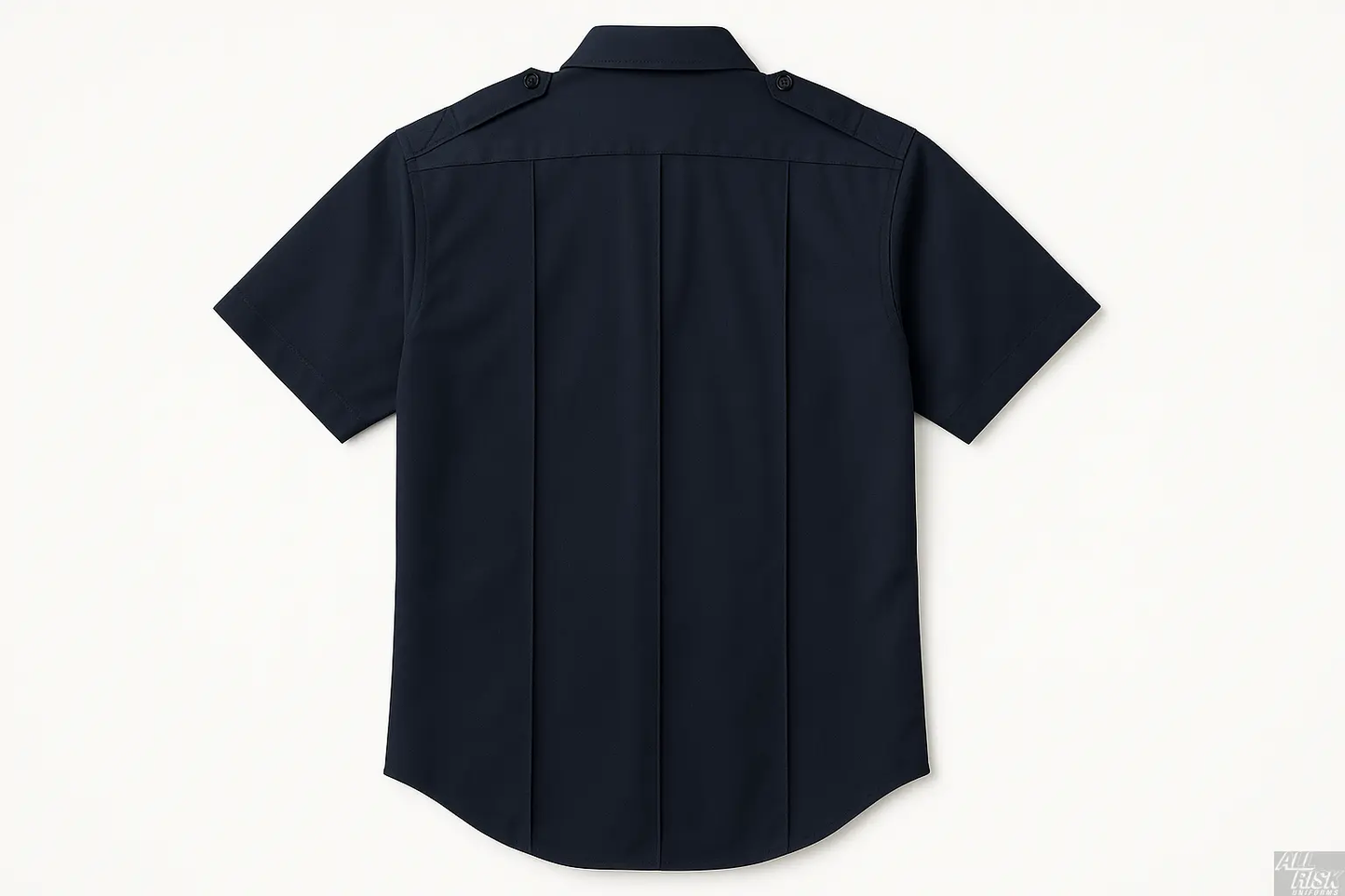 Flying Cross Nomex Short Sleeve Shirt in midnight navy back view showing cross-stitched shoulder straps and five sewn-in military creases