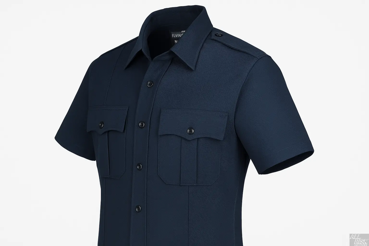 Flying Cross Nomex Short Sleeve Shirt in midnight navy side angle view displaying professional tailoring and fire-resistant Aramid fiber fabric construction