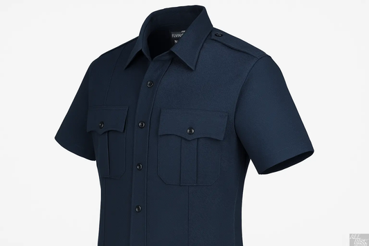 Flying Cross Nomex Short Sleeve Shirt in midnight navy side angle view displaying professional tailoring and fire-resistant Aramid fiber fabric construction