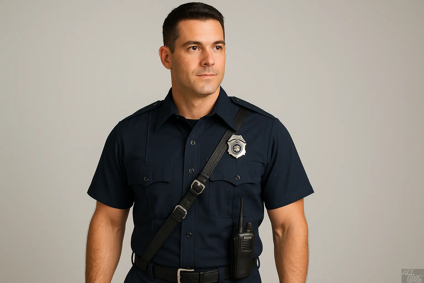 Firefighter wearing Flying Cross Nomex Short Sleeve Shirt in midnight navy with badge and radio strap showing professional fit and fire-resistant protection