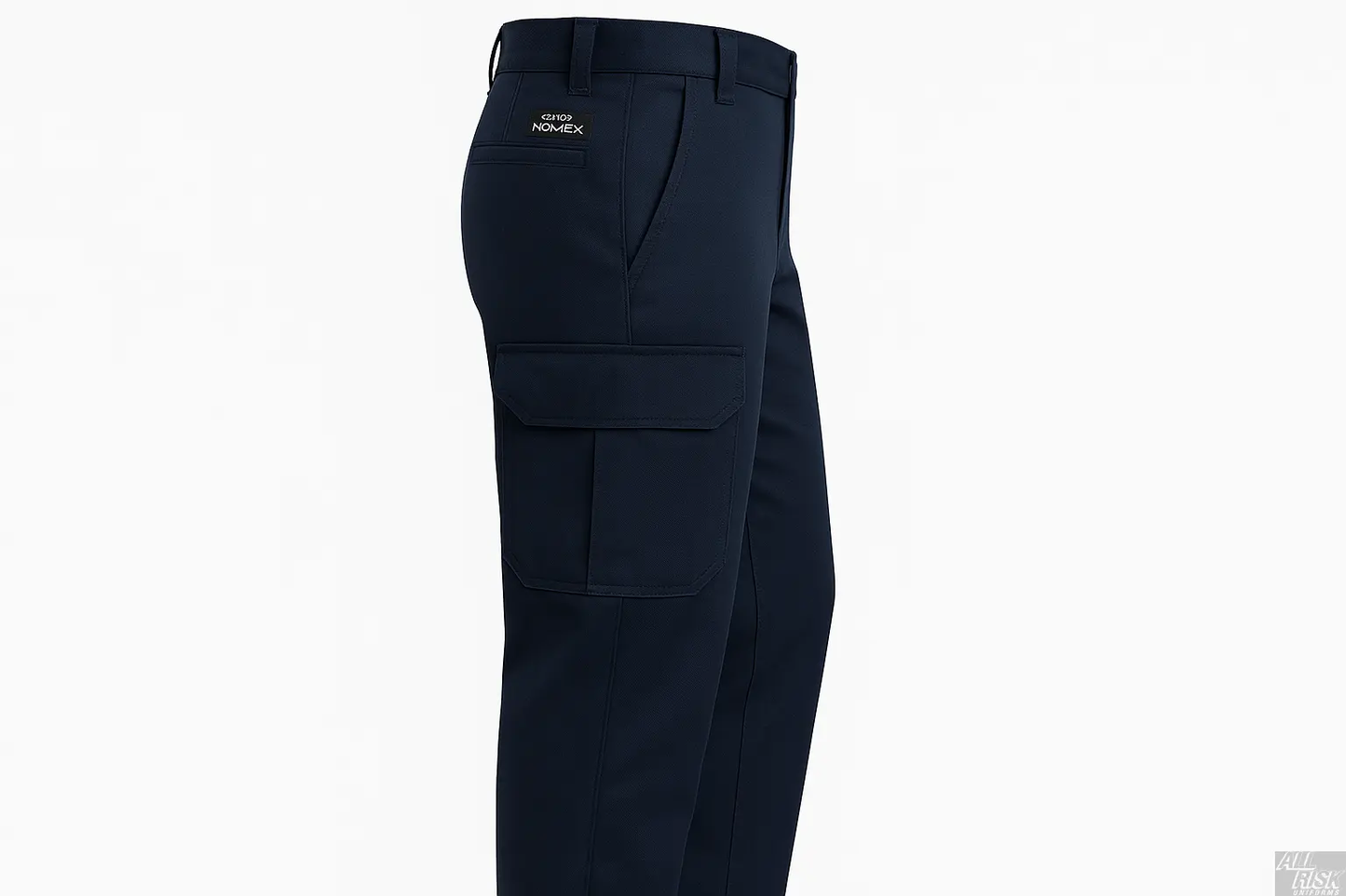 Flying Cross Nomex Tactical Pants in midnight navy side view displaying cargo pocket placement and fire-resistant fabric construction for firefighter protection
