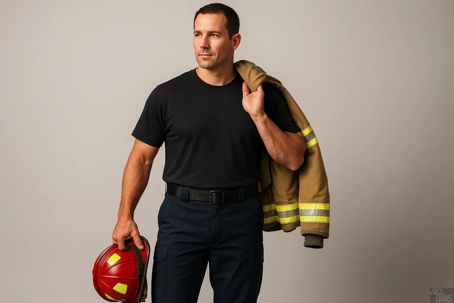 Firefighter wearing Flying Cross Nomex Tactical Pants in midnight navy with cargo pockets and fire gear showing practical fit and fire-resistant protection