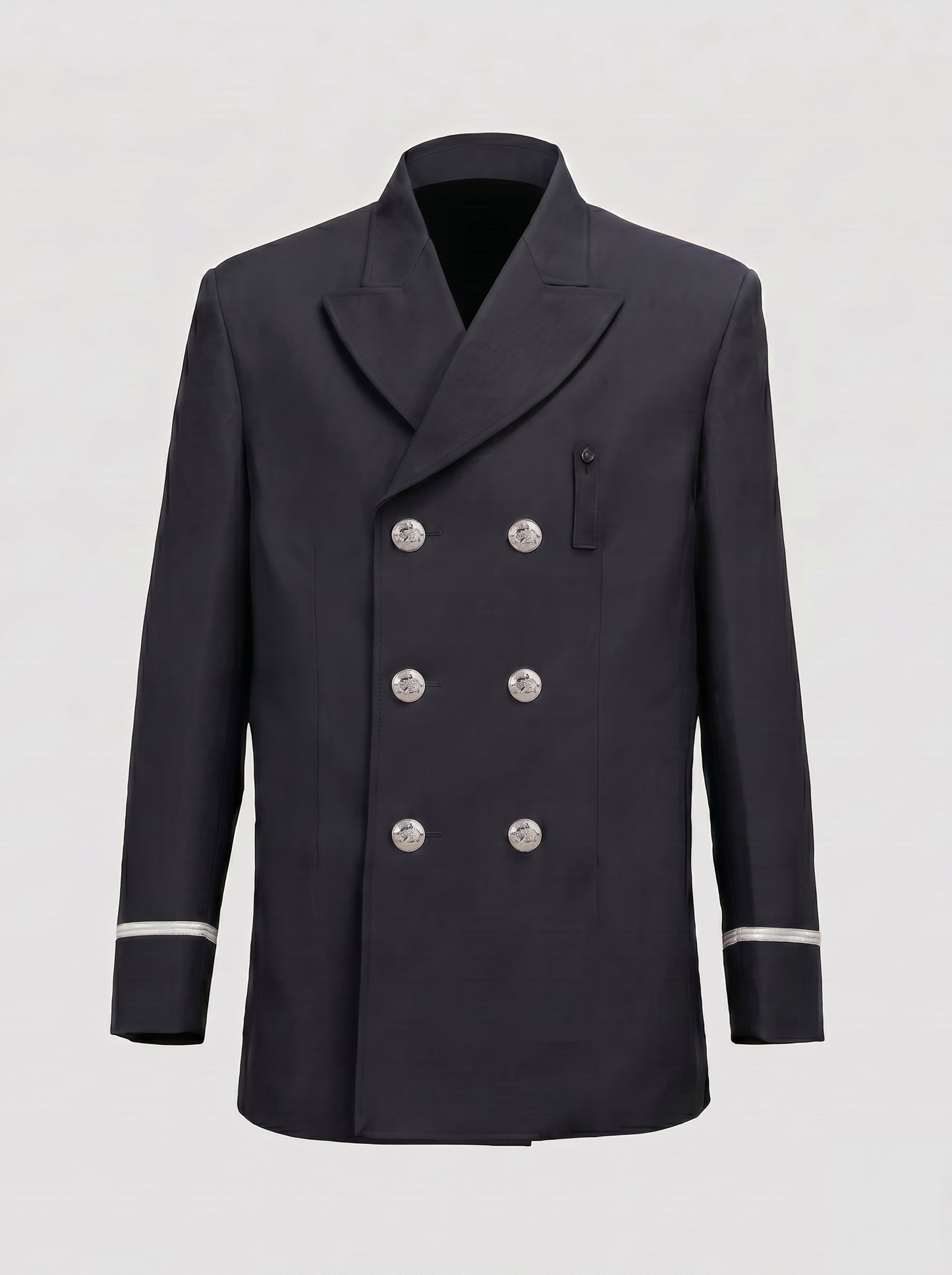 CAL FIRE Class A black double-breasted dress jacket, Policy 1500 compliant, silver Eureka California state-seal buttons and silver sleeve stripe, front view