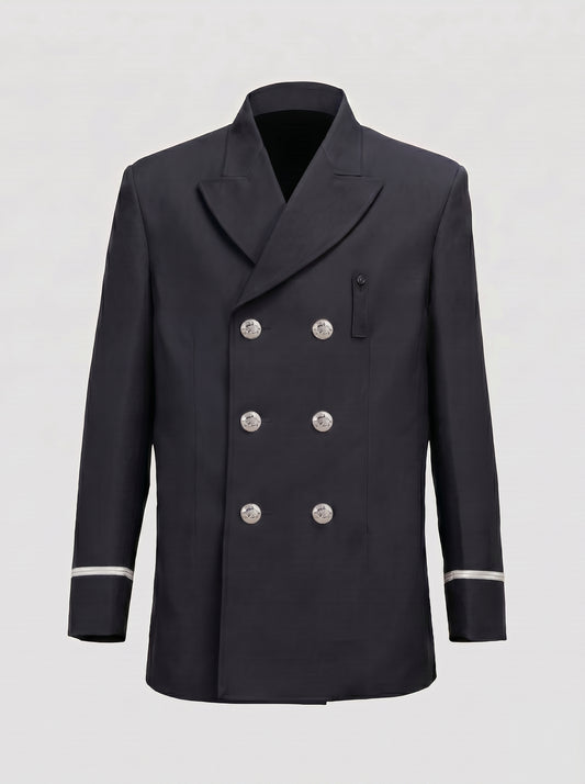 CAL FIRE Class A black double-breasted dress jacket, Policy 1500 compliant, silver Eureka California state-seal buttons and silver sleeve stripe, front view