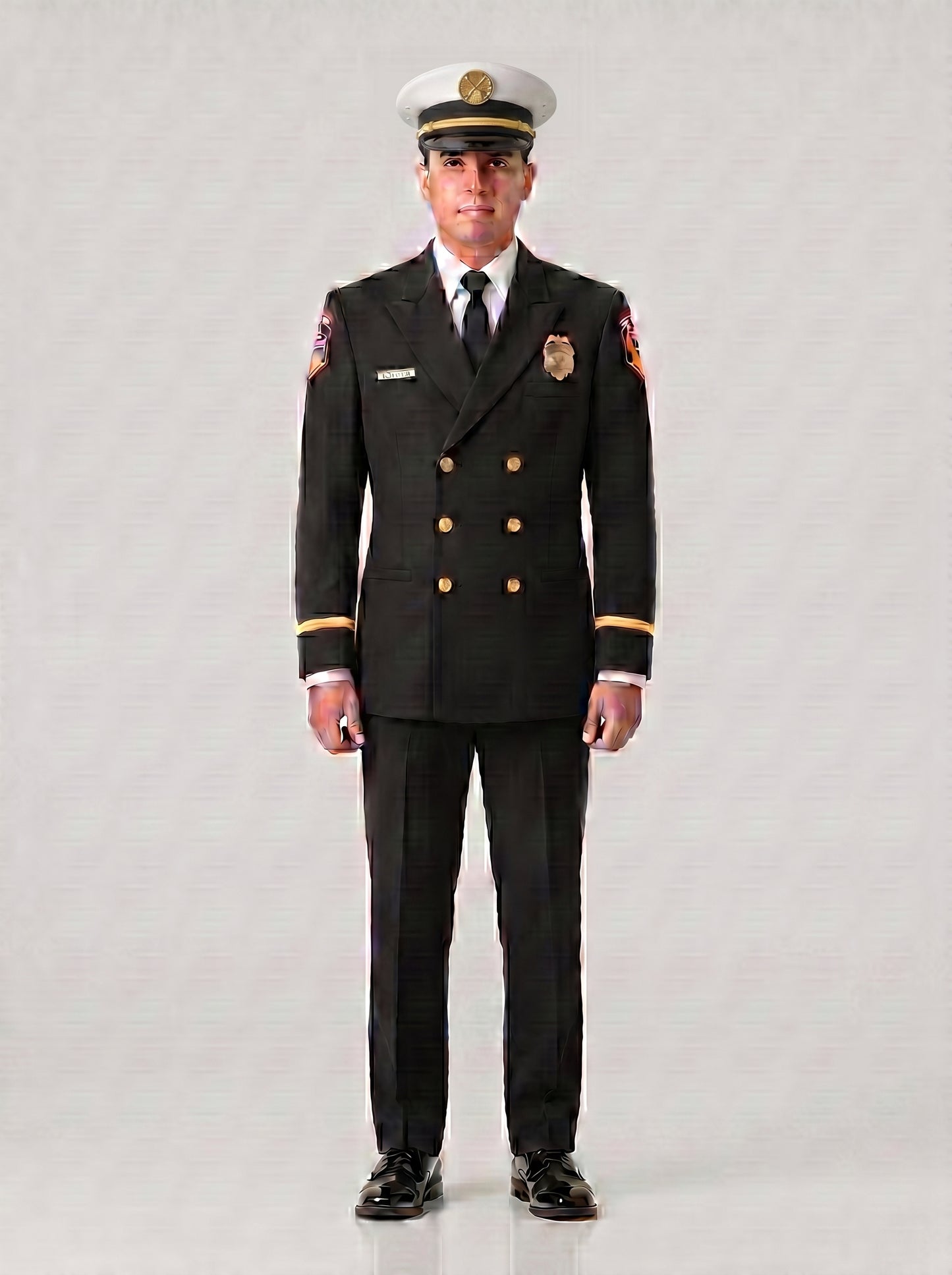 CAL FIRE Class A chief officer dress uniform - gold hardware, white semi-Pershing cap, full uniform front view