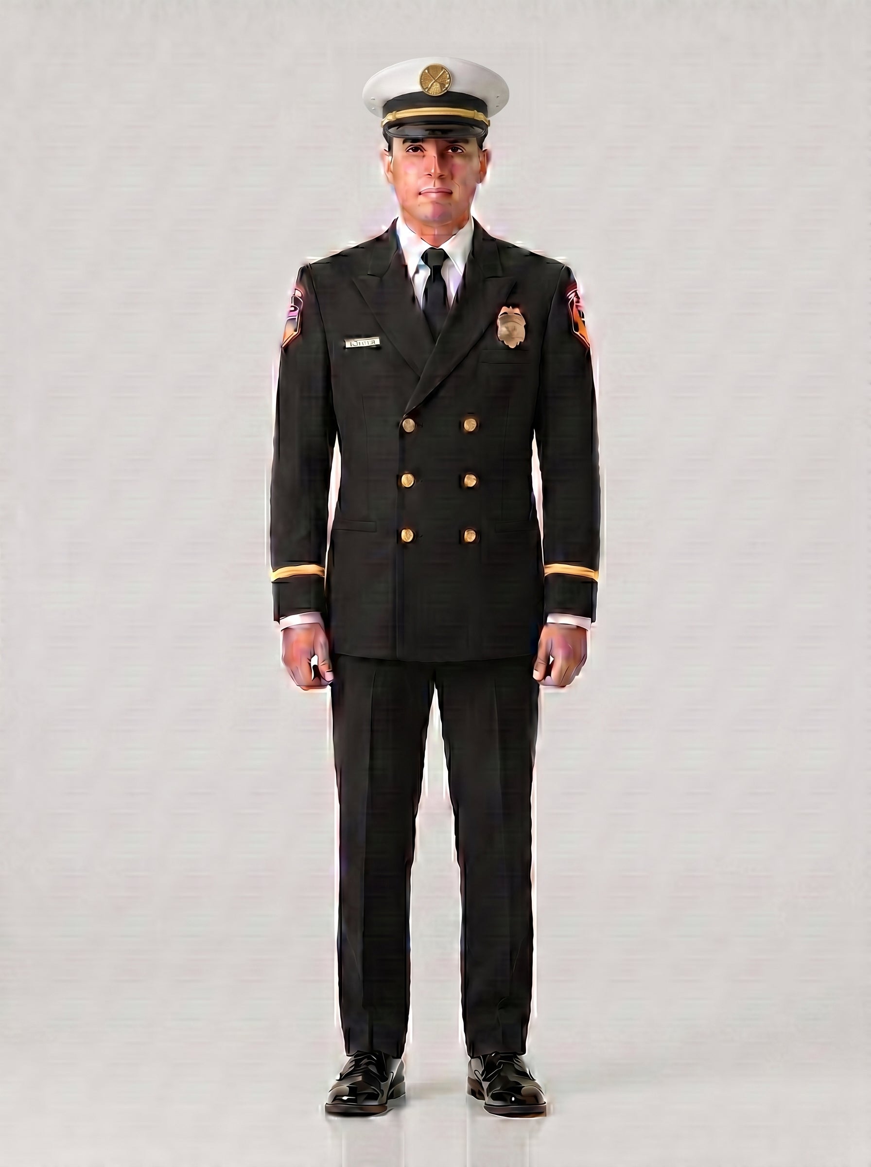 CAL FIRE Class A chief officer dress uniform - gold hardware, white semi-Pershing cap, full uniform front view