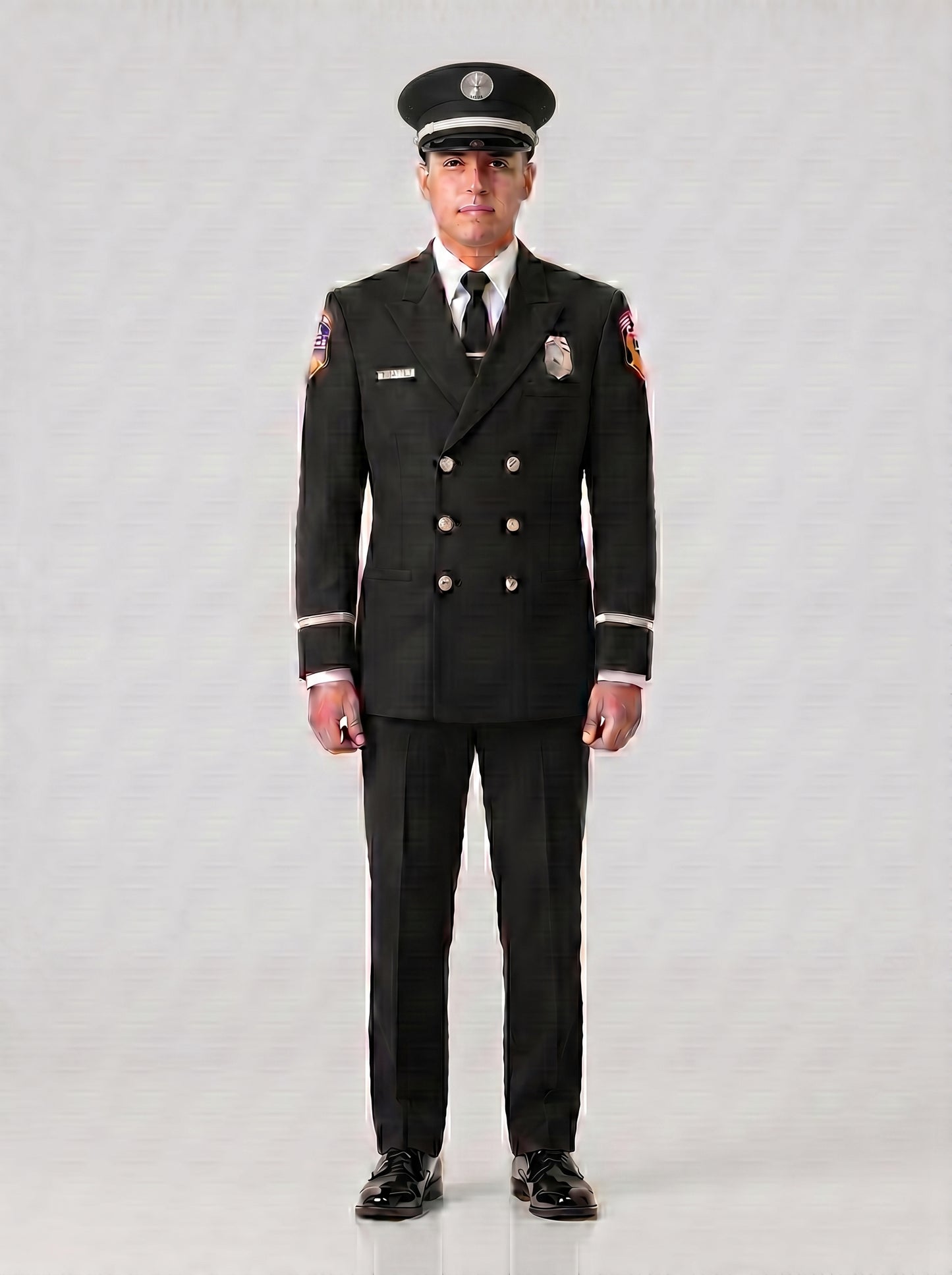 CAL FIRE Class A firefighter dress uniform - silver hardware, black double-breasted jacket, semi-Pershing cap, full uniform front view