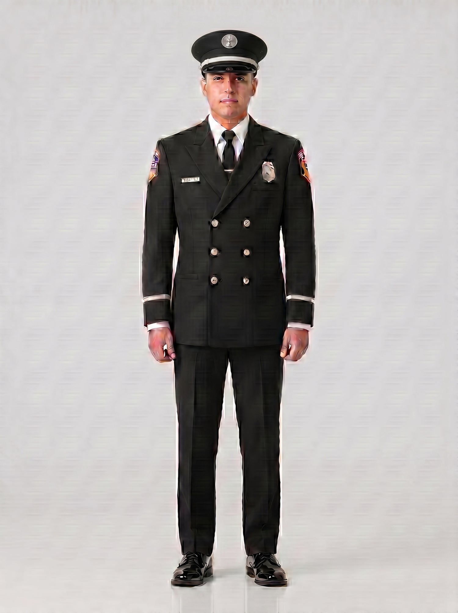 CAL FIRE Class A firefighter dress uniform - silver hardware, black double-breasted jacket, semi-Pershing cap, full uniform front view